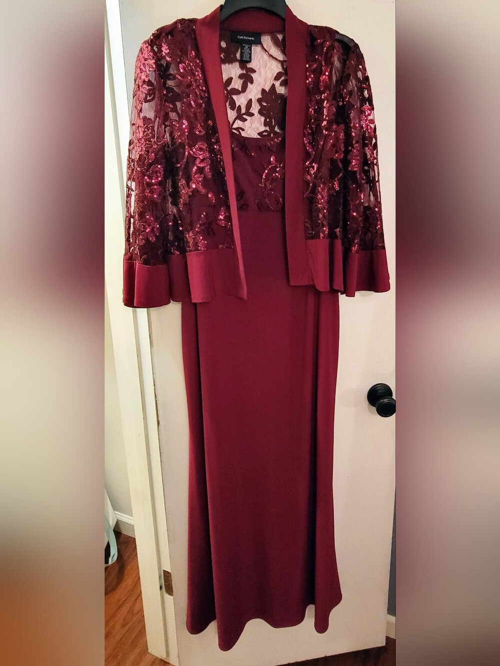 R&M Richards Burgundy Sequin Lace Overlay Gown with Jacket
